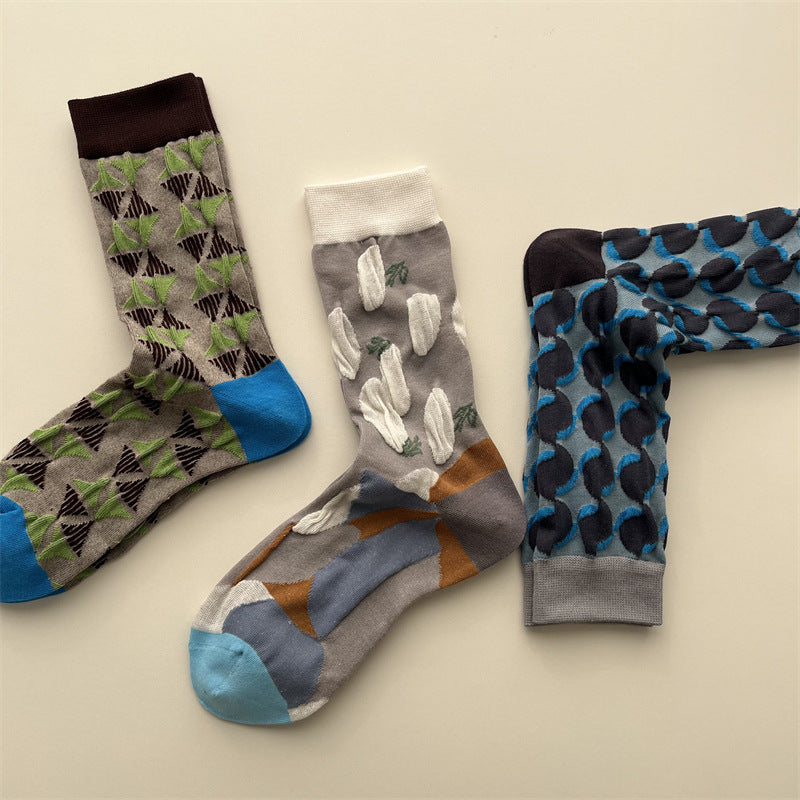 Gohobi Spring Summer Embossed Geometric Mid-Calf Socks