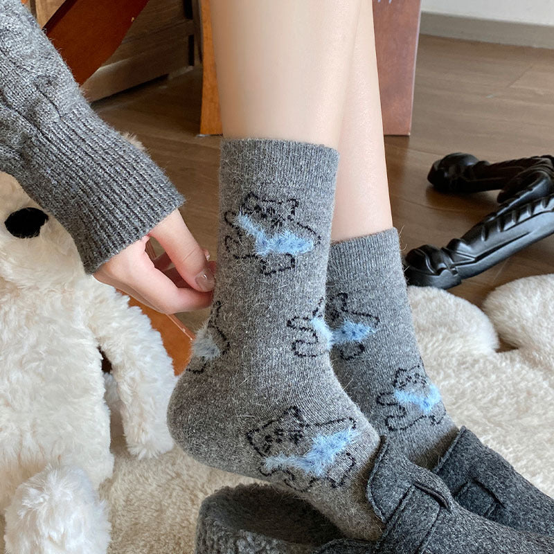 Gohobi Fleece-Lined Cat Print Winter Socks