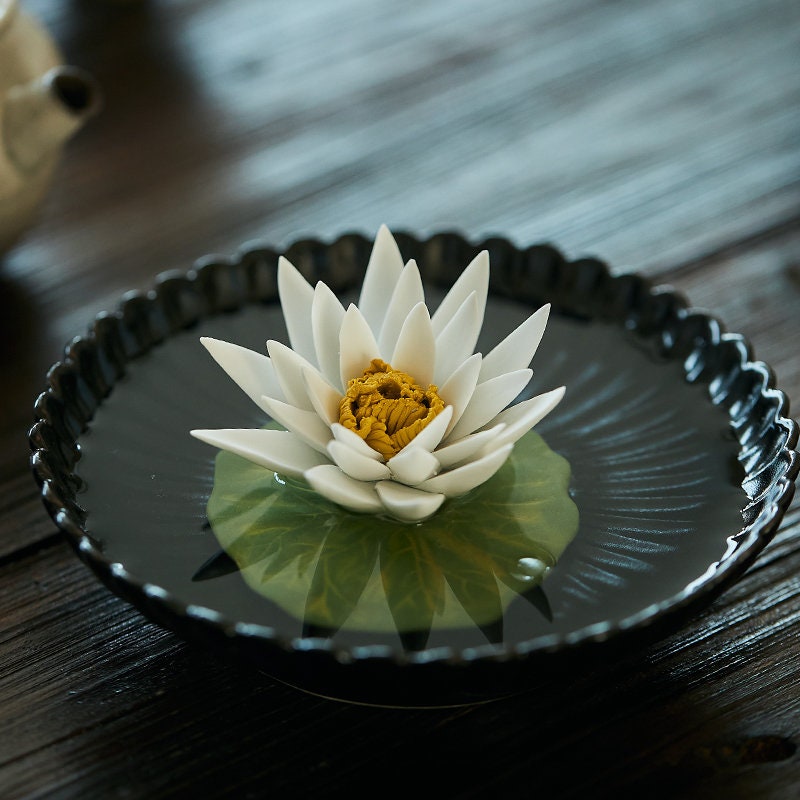 Gohobi Handmade Ceramic White lotus White camellia Incense stick holder Gongfu tea Japanese Chado