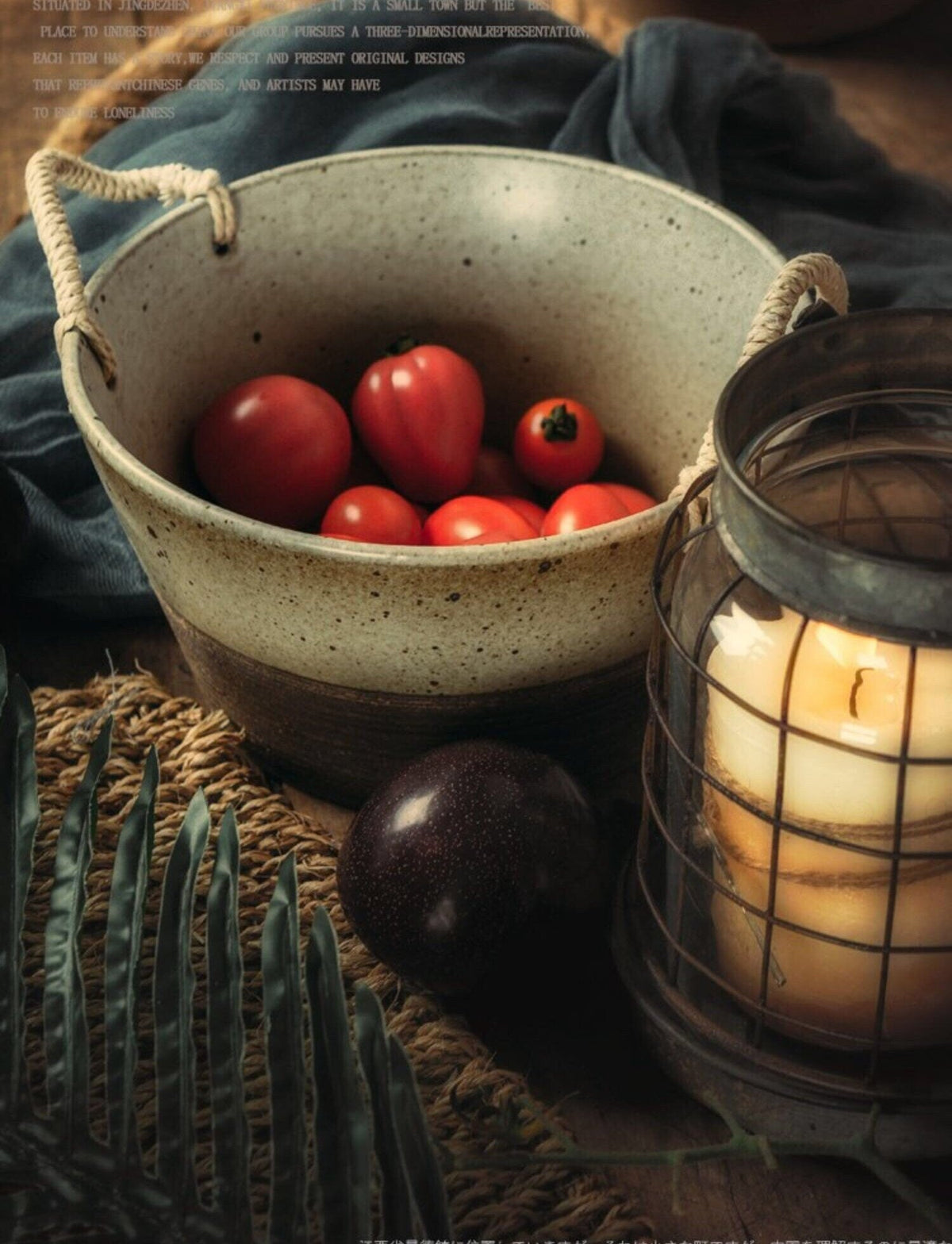 Gohobi Ceramic bowl Japanese style tableware with rattan handle