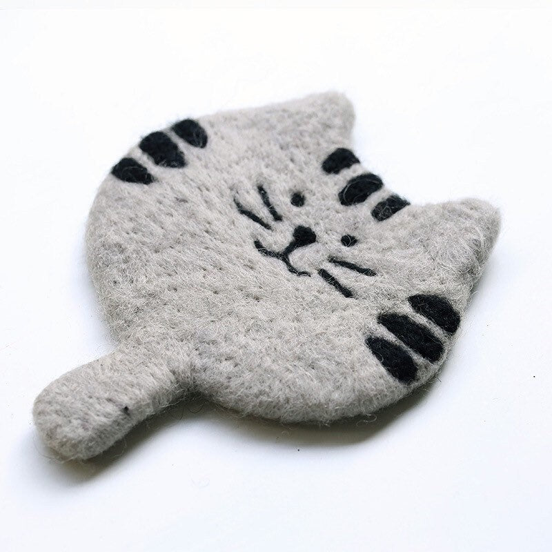 Gohobi Wool coaster, animal coaster, cat coaster, gift for her, gift for him, yellow grey black white cat