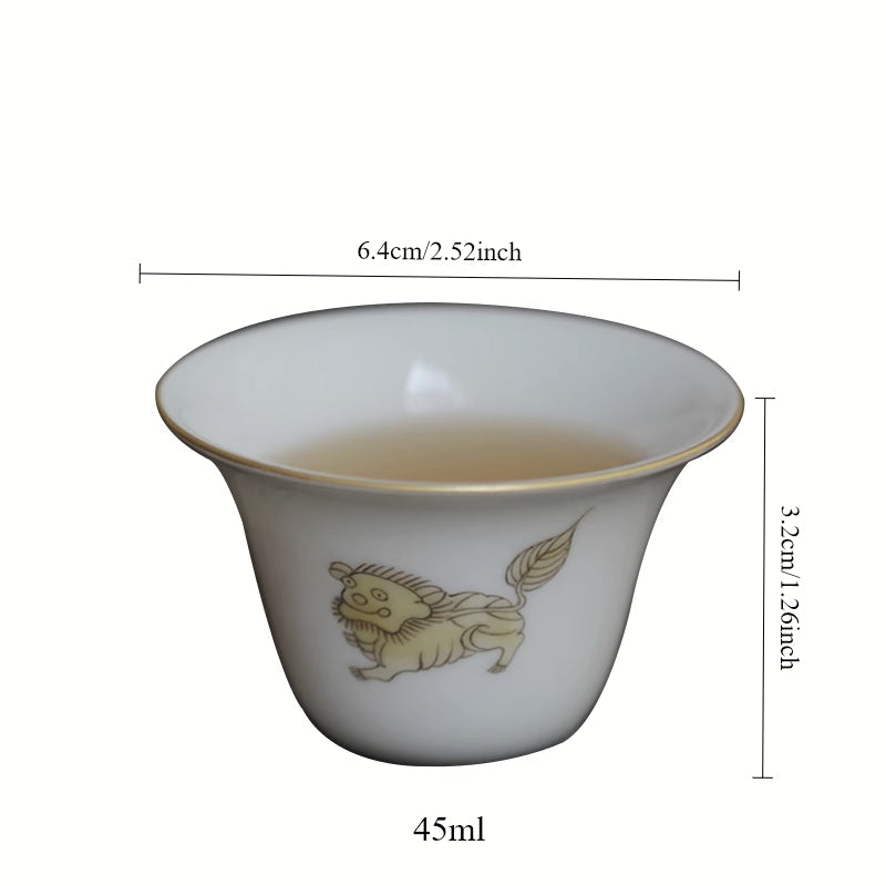 [賦山敘 x Gohobi] Hand-Painted “Playful Guardian Lion” Teacup Set – Set of 3 Gilded New Chinese Style Bell-Shaped Cups