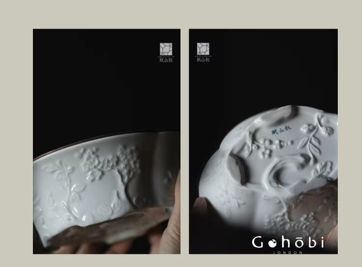 [賦山敘 x Gohobi] Gohobi Begonia Carved Tin Lid Tea Boat – Ceramic Dry Brew Tea Tray with Water Storage