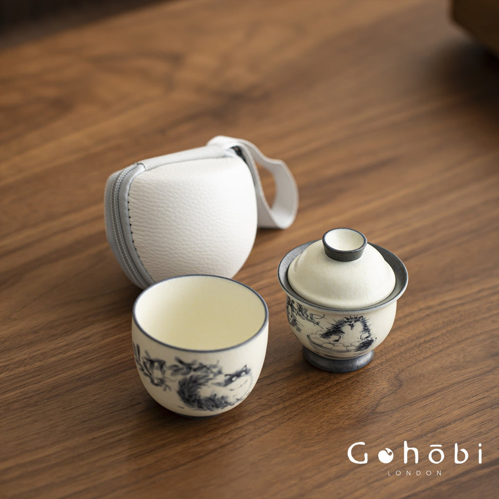 Gohobi Cute Cat Ceramic Travel Tea Set – Portable Gaiwan Tea Cup Set for One