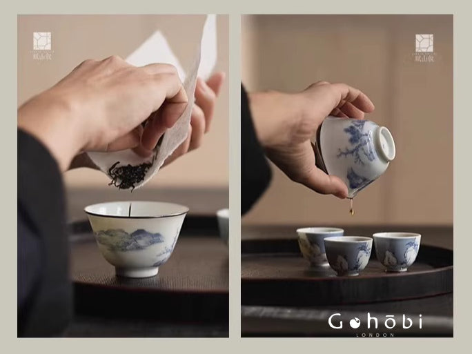 [賦山敘 x Gohobi] Gohobi Jingdezhen Blue and White Landscape Gaiwan – Silver Rim Ceramic Gongfu Tea Bowl