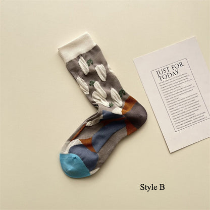 Gohobi Spring Summer Embossed Geometric Mid-Calf Socks