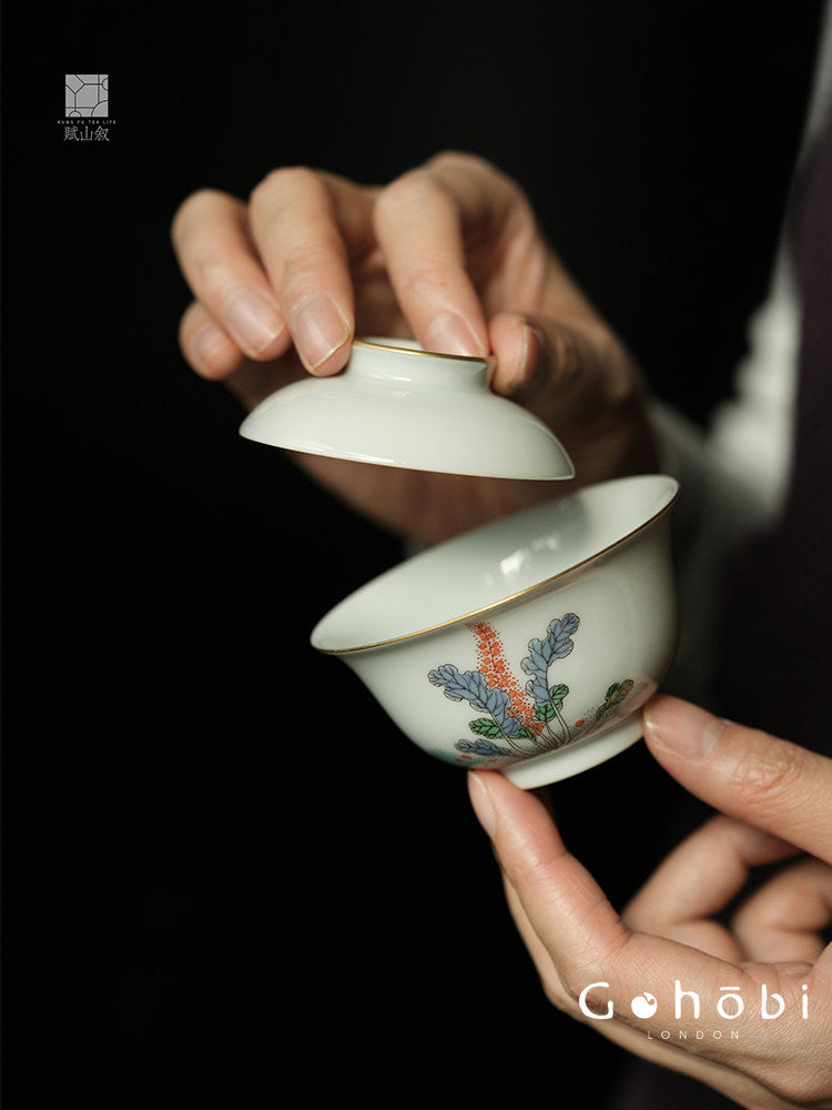 [賦山敘 x Gohobi] Gohobi Jingdezhen Hand-Painted Gaiwan – Ancient Cabbage Design Ceramic Gongfu Tea Bowl