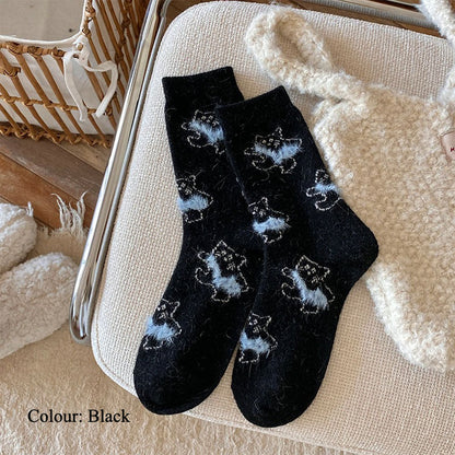 Gohobi Fleece-Lined Cat Print Winter Socks