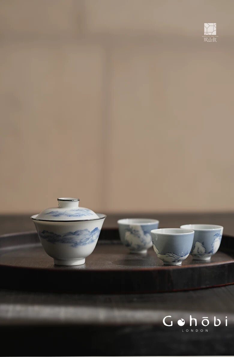[賦山敘 x Gohobi] Gohobi Jingdezhen Blue and White Landscape Gaiwan – Silver Rim Ceramic Gongfu Tea Bowl