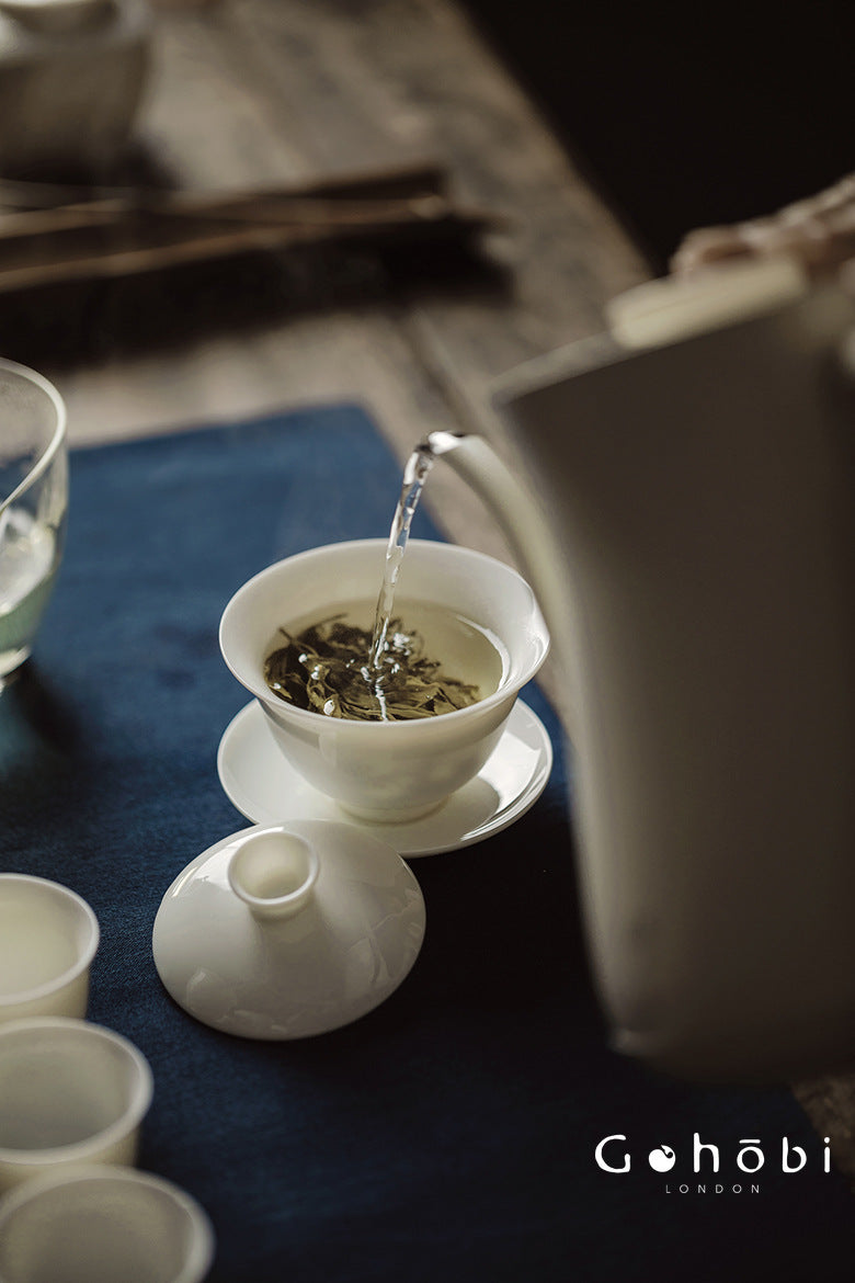 Gohobi Handmade White Jade Porcelain Gaiwan – Thin Porcelain Tea Bowl with Saucer