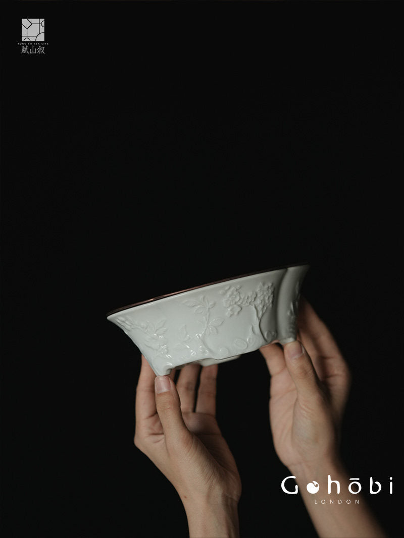 [賦山敘 x Gohobi] Gohobi Begonia Carved Tin Lid Tea Boat – Ceramic Dry Brew Tea Tray with Water Storage