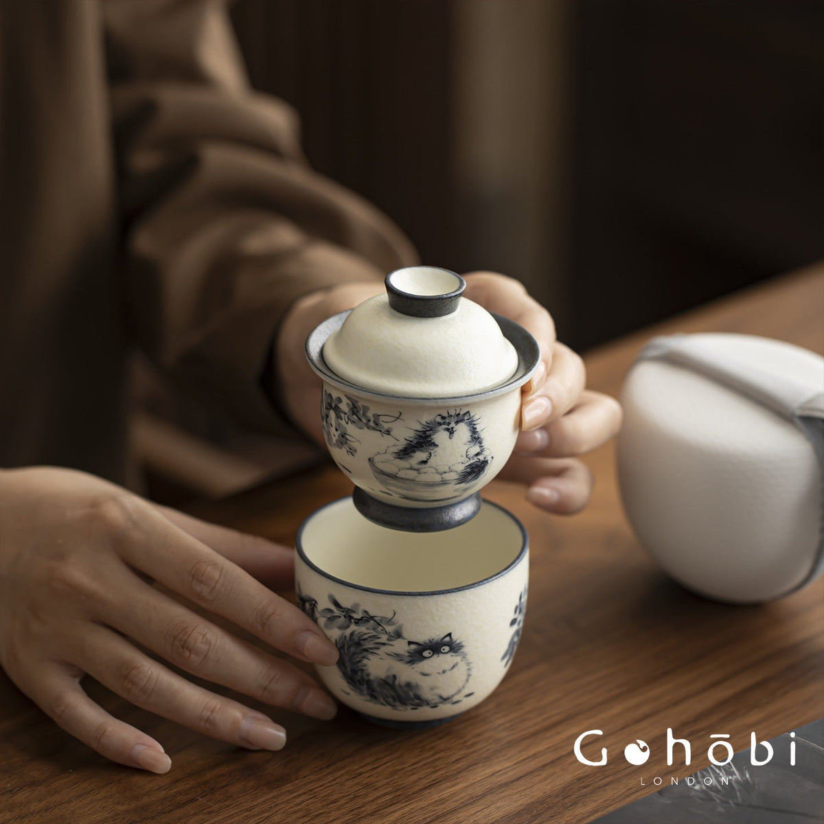 Gohobi Cute Cat Ceramic Travel Tea Set – Portable Gaiwan Tea Cup Set for One