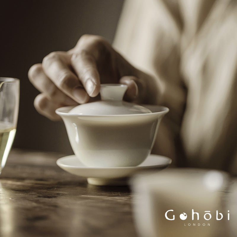 Gohobi Handmade White Jade Porcelain Gaiwan – Thin Porcelain Tea Bowl with Saucer