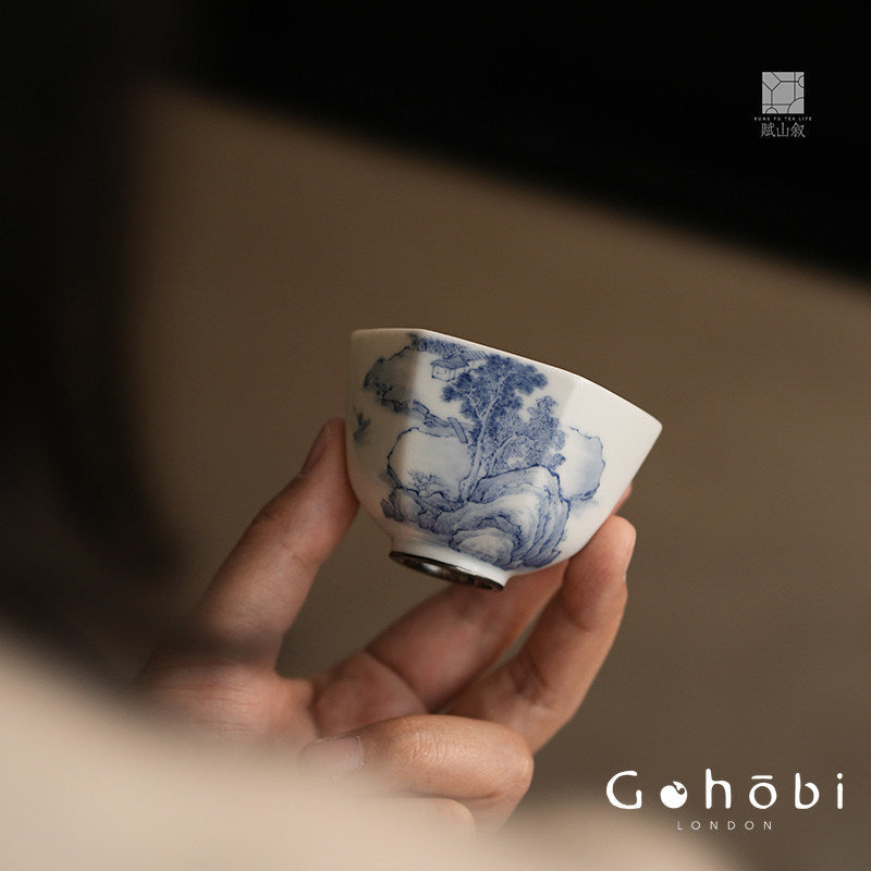 [賦山敘 x Gohobi] Gohobi Jingdezhen Hand-Painted Blue and White Landscape Teacup – Hexagonal Silver Foot Gongfu Tea Cup