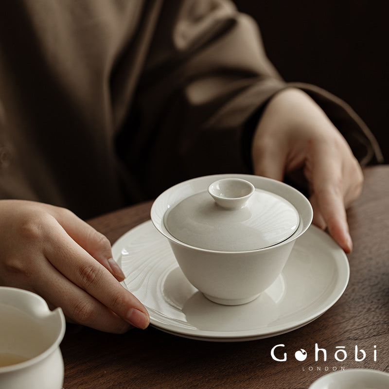Gohobi Wood Ash Glaze Thin Porcelain Gaiwan – Literati Style Handmade Covered Tea Bowl