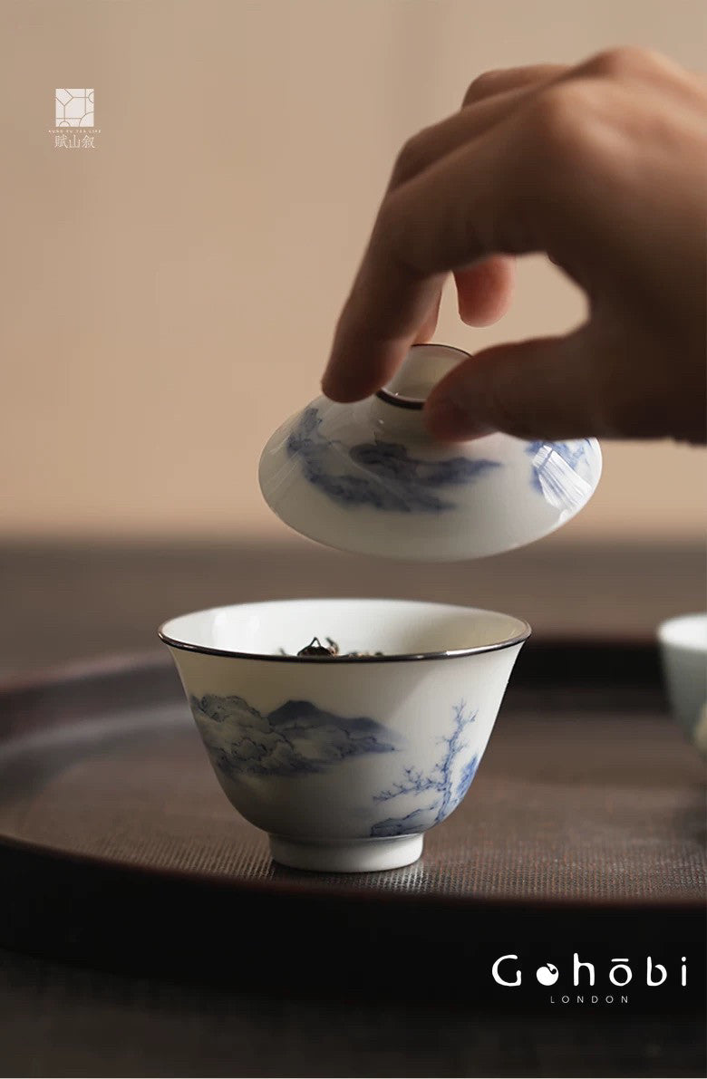 [賦山敘 x Gohobi] Gohobi Jingdezhen Blue and White Landscape Gaiwan – Silver Rim Ceramic Gongfu Tea Bowl