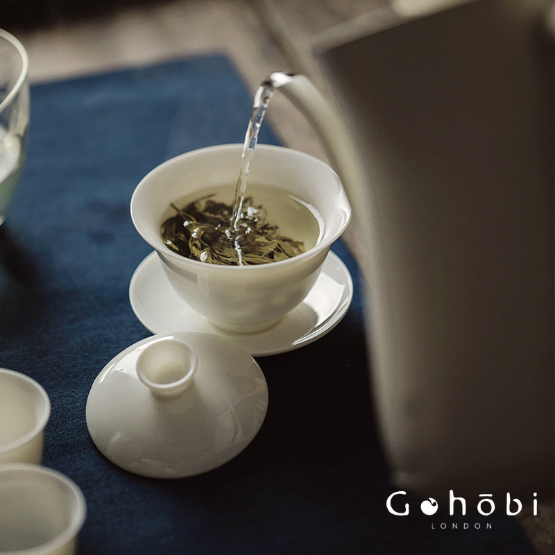 Gohobi Handmade White Jade Porcelain Gaiwan – Thin Porcelain Tea Bowl with Saucer
