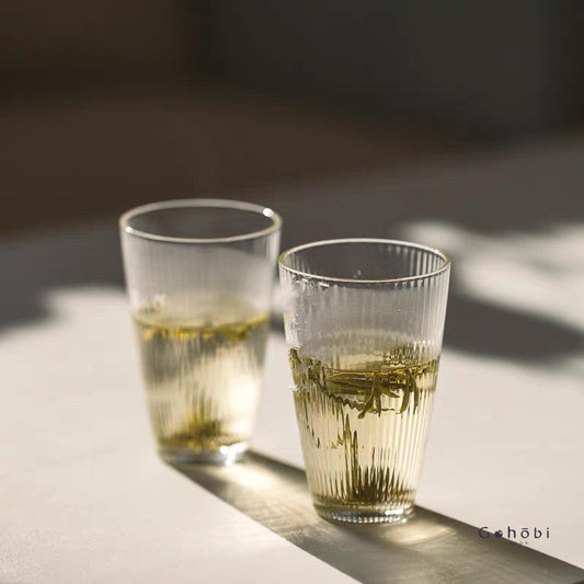 Gohobi Handcrafted Japanese-Style Glass Tea Cup – 100ml | Clear Striped Design for Loose Leaf & Matcha Tea