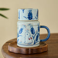 Gohobi Hand-Painted Blue and White Rabbit Mug with Lid Cup