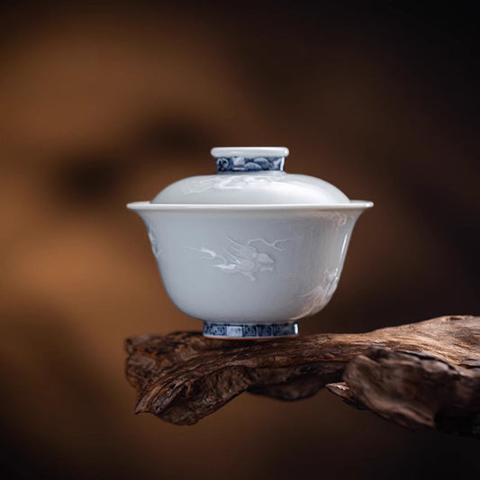 Blue and White Relief Carved Gaiwan – Sea Beast Motif, Handcrafted Porcelain Tea Bowl with Lid