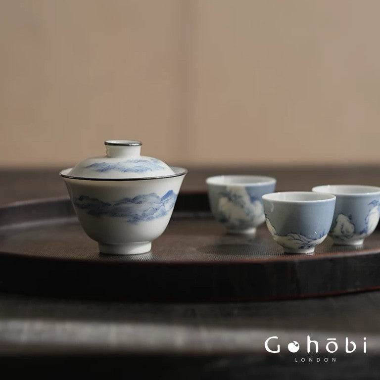 [賦山敘 x Gohobi] Gohobi Jingdezhen Blue and White Landscape Gaiwan – Silver Rim Ceramic Gongfu Tea Bowl