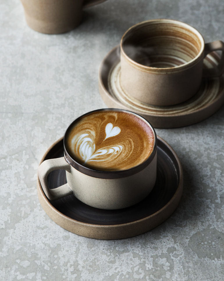 Gohobi Handmade Stoneware Black and Brown Coffee Mug and Saucer