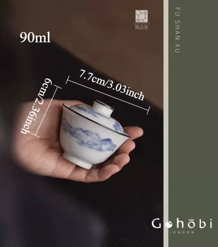 [賦山敘 x Gohobi] Gohobi Jingdezhen Blue and White Landscape Gaiwan – Silver Rim Ceramic Gongfu Tea Bowl