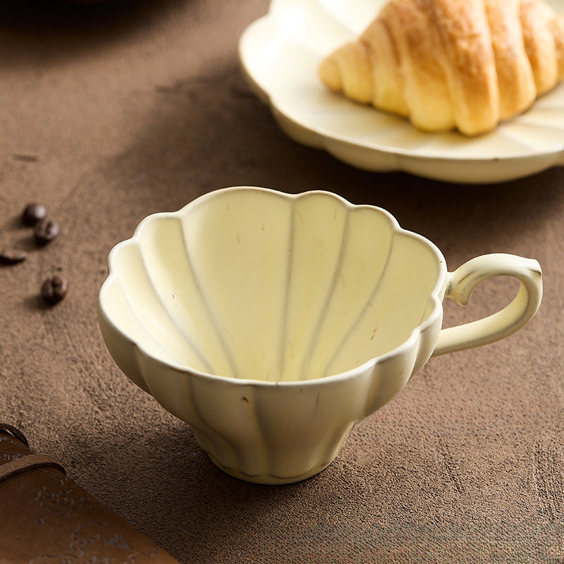 Gohobi Handmade Stoneware  Yellow Floral Shaped Coffee Mug and Saucer Set