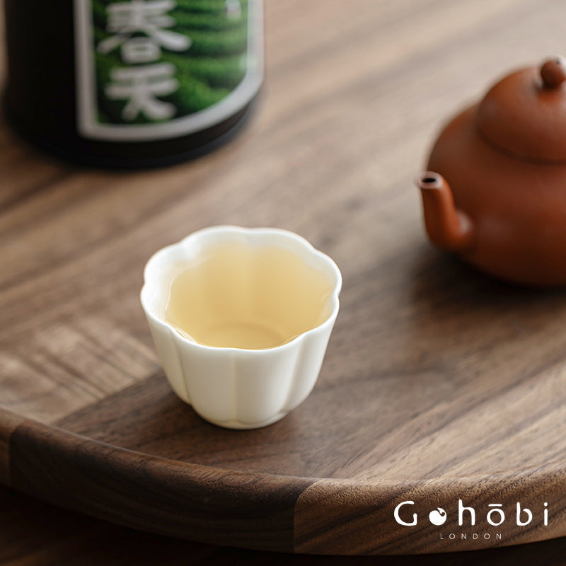 Gohobi Handmade White Porcelain Teacup – Thin Porcelain Flower Rim Gongfu Master Cup