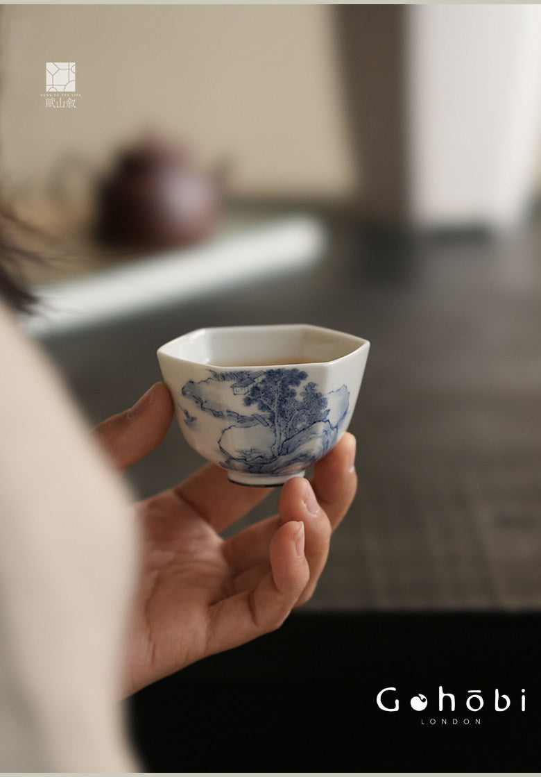 [賦山敘 x Gohobi] Gohobi Jingdezhen Hand-Painted Blue and White Landscape Teacup – Hexagonal Silver Foot Gongfu Tea Cup