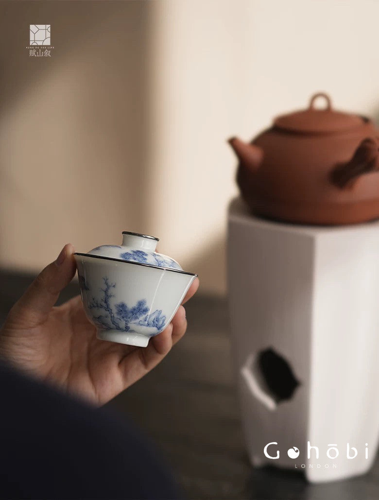 [賦山敘 x Gohobi] Gohobi Jingdezhen Blue and White Landscape Gaiwan – Silver Rim Ceramic Gongfu Tea Bowl