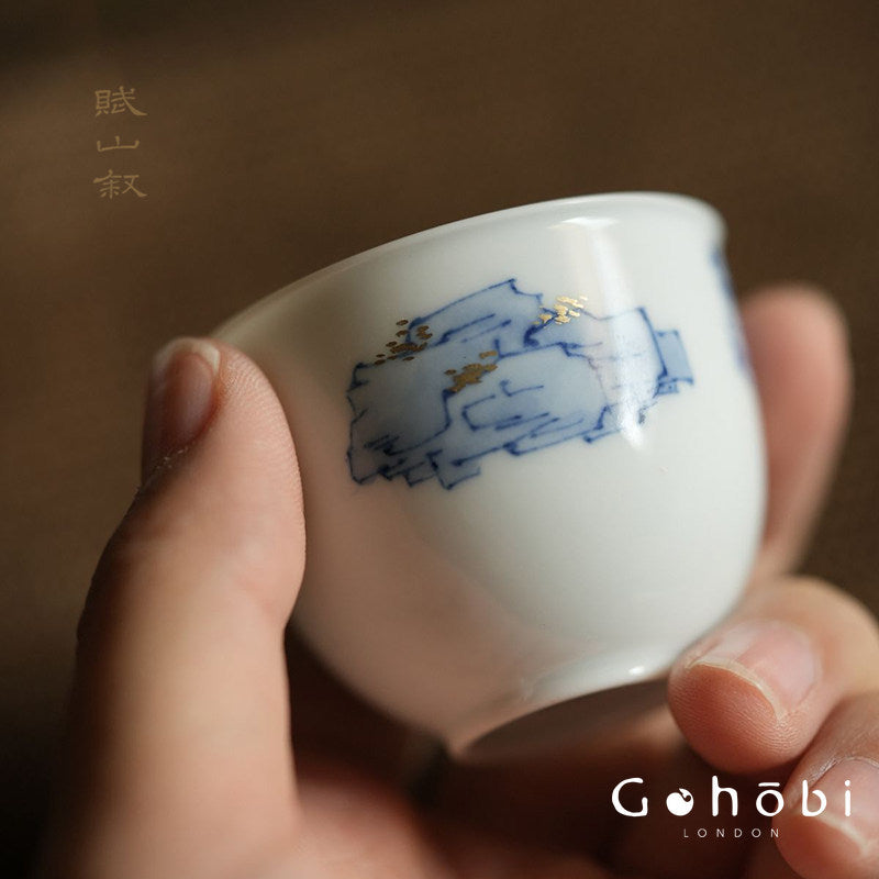 [賦山敘 x Gohobi] Gohobi Jingdezhen Hand-Painted Blue and White Mountain Teacup – Ruoshen Style Gongfu Tea Tasting Cup