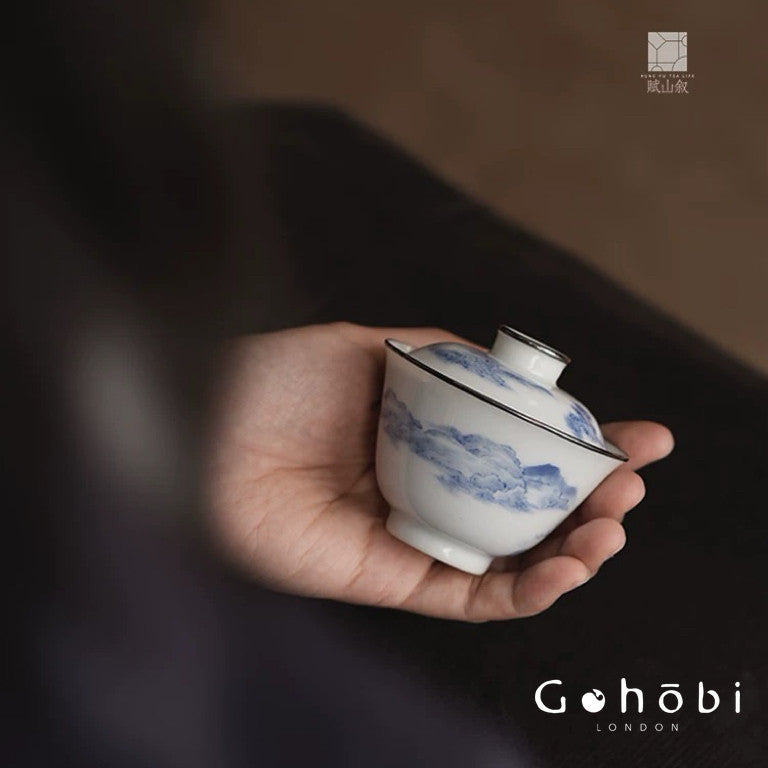 [賦山敘 x Gohobi] Gohobi Jingdezhen Blue and White Landscape Gaiwan – Silver Rim Ceramic Gongfu Tea Bowl