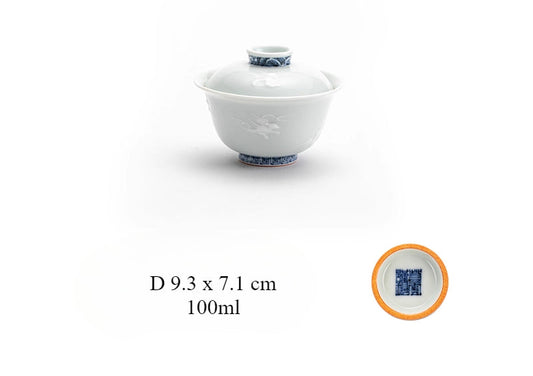 Blue and White Relief Carved Gaiwan – Sea Beast Motif, Handcrafted Porcelain Tea Bowl with Lid