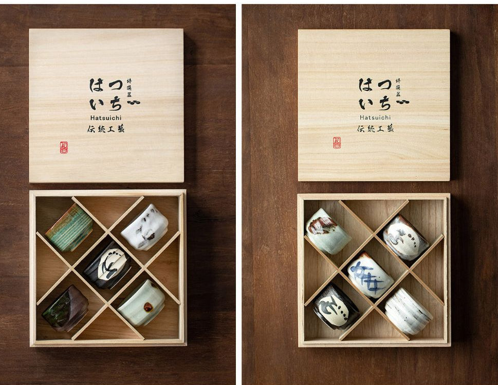 Gohobi Mino Yaki Evening Breeze Teacup Set - 5-Piece Simple Ceramic Cups with Wooden Box [Made In Japan]