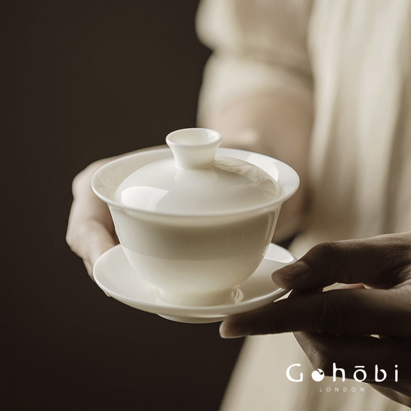 Gohobi Handmade White Jade Porcelain Gaiwan – Thin Porcelain Tea Bowl with Saucer