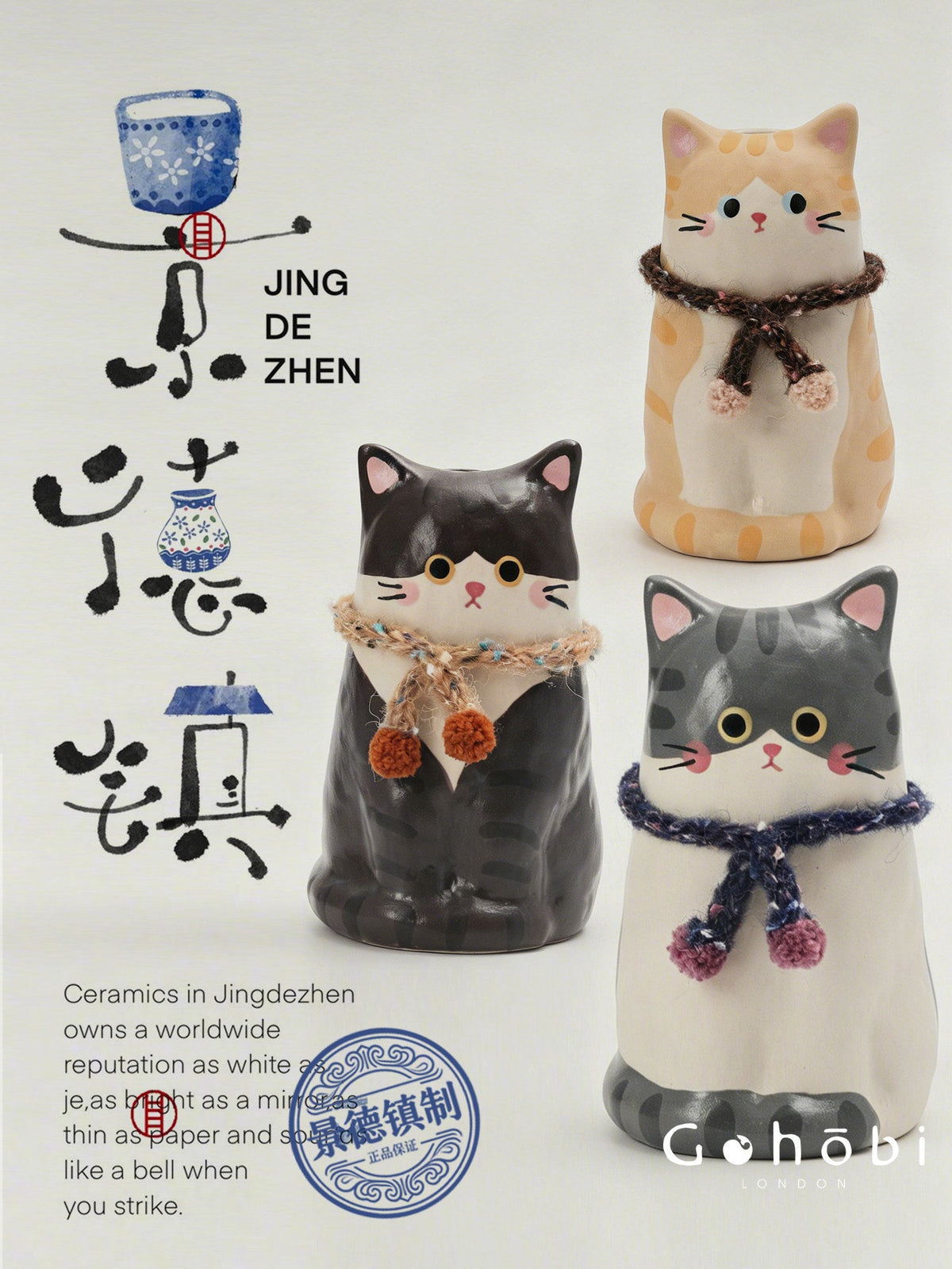 Gohobi Cute Cat Ceramic Vase – Handmade Jingdezhen Ikebana Flower Vase