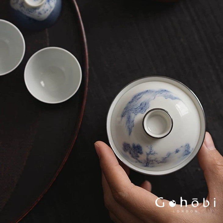 [賦山敘 x Gohobi] Gohobi Jingdezhen Blue and White Landscape Gaiwan – Silver Rim Ceramic Gongfu Tea Bowl