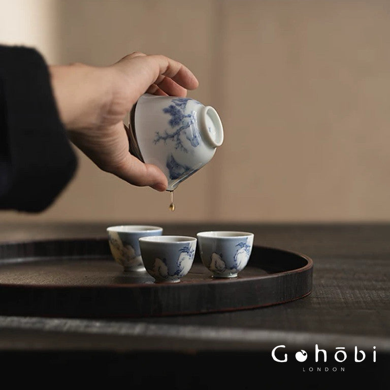 [賦山敘 x Gohobi] Gohobi Jingdezhen Blue and White Landscape Gaiwan – Silver Rim Ceramic Gongfu Tea Bowl