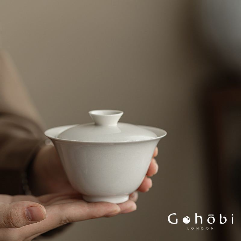 Gohobi Wood Ash Glaze Thin Porcelain Gaiwan – Literati Style Handmade Covered Tea Bowl
