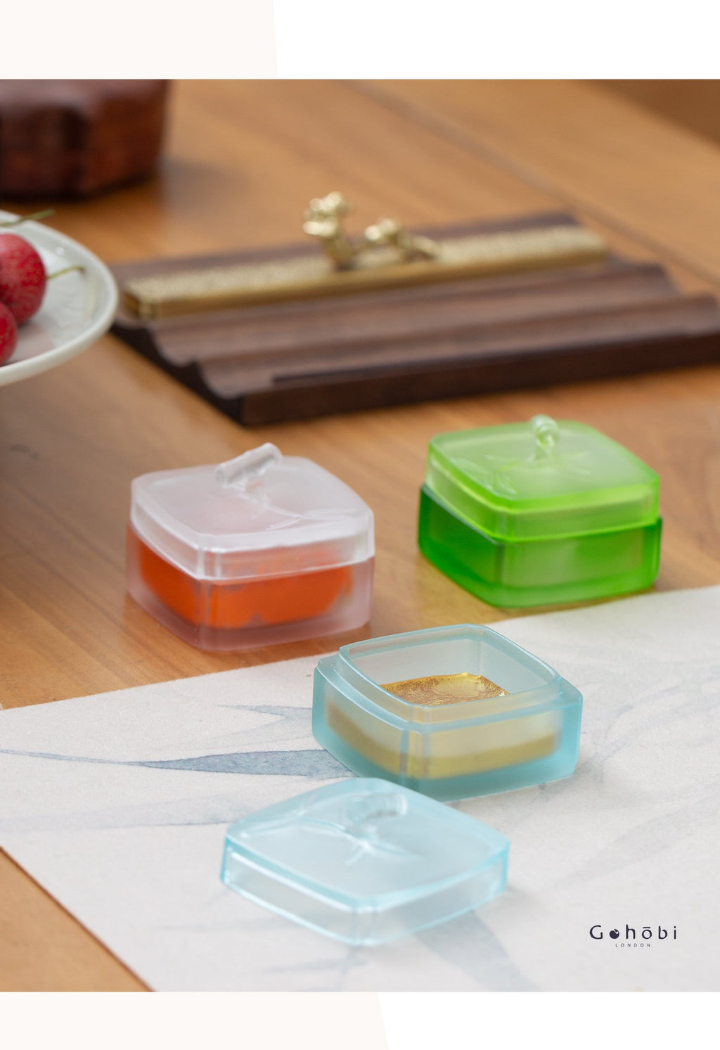 Gohobi Pate de Verre Bamboo Coloured Glass Case Ink Box Jewellery Holder Container