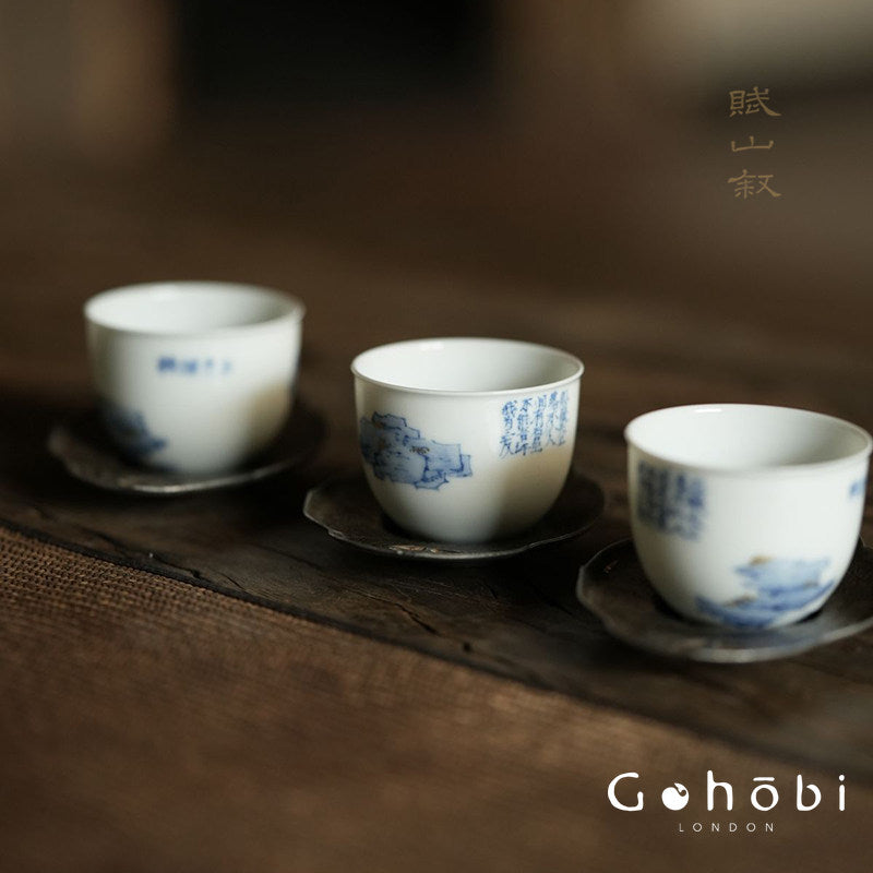 [賦山敘 x Gohobi] Gohobi Jingdezhen Hand-Painted Blue and White Mountain Teacup – Ruoshen Style Gongfu Tea Tasting Cup
