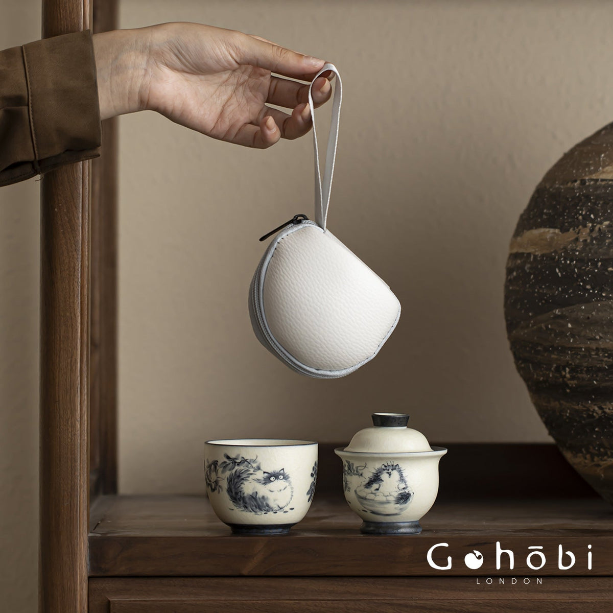 Gohobi Cute Cat Ceramic Travel Tea Set – Portable Gaiwan Tea Cup Set for One