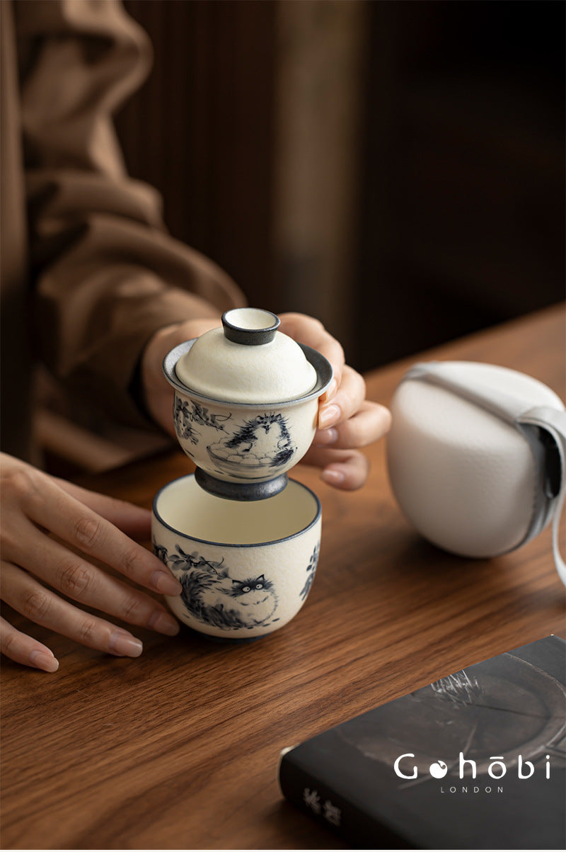 Gohobi Cute Cat Ceramic Travel Tea Set – Portable Gaiwan Tea Cup Set for One
