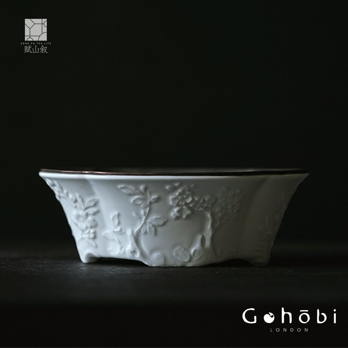 [賦山敘 x Gohobi] Gohobi Begonia Carved Tin Lid Tea Boat – Ceramic Dry Brew Tea Tray with Water Storage