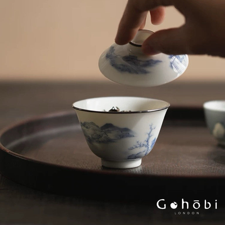 [賦山敘 x Gohobi] Gohobi Jingdezhen Blue and White Landscape Gaiwan – Silver Rim Ceramic Gongfu Tea Bowl