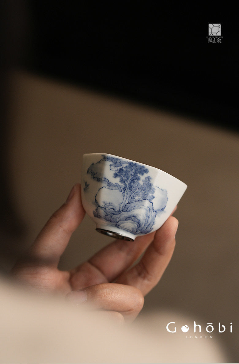 [賦山敘 x Gohobi] Gohobi Jingdezhen Hand-Painted Blue and White Landscape Teacup – Hexagonal Silver Foot Gongfu Tea Cup