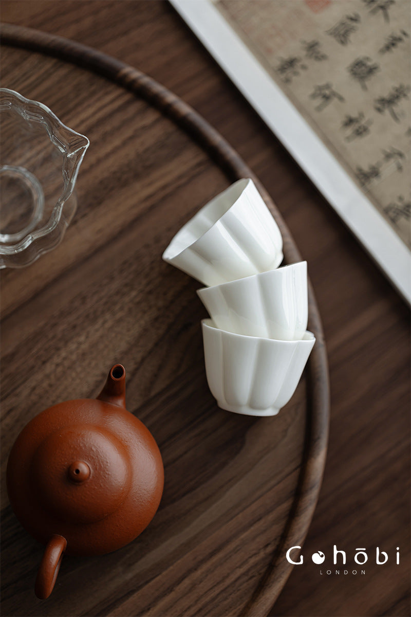 Gohobi Handmade White Porcelain Teacup – Thin Porcelain Flower Rim Gongfu Master Cup