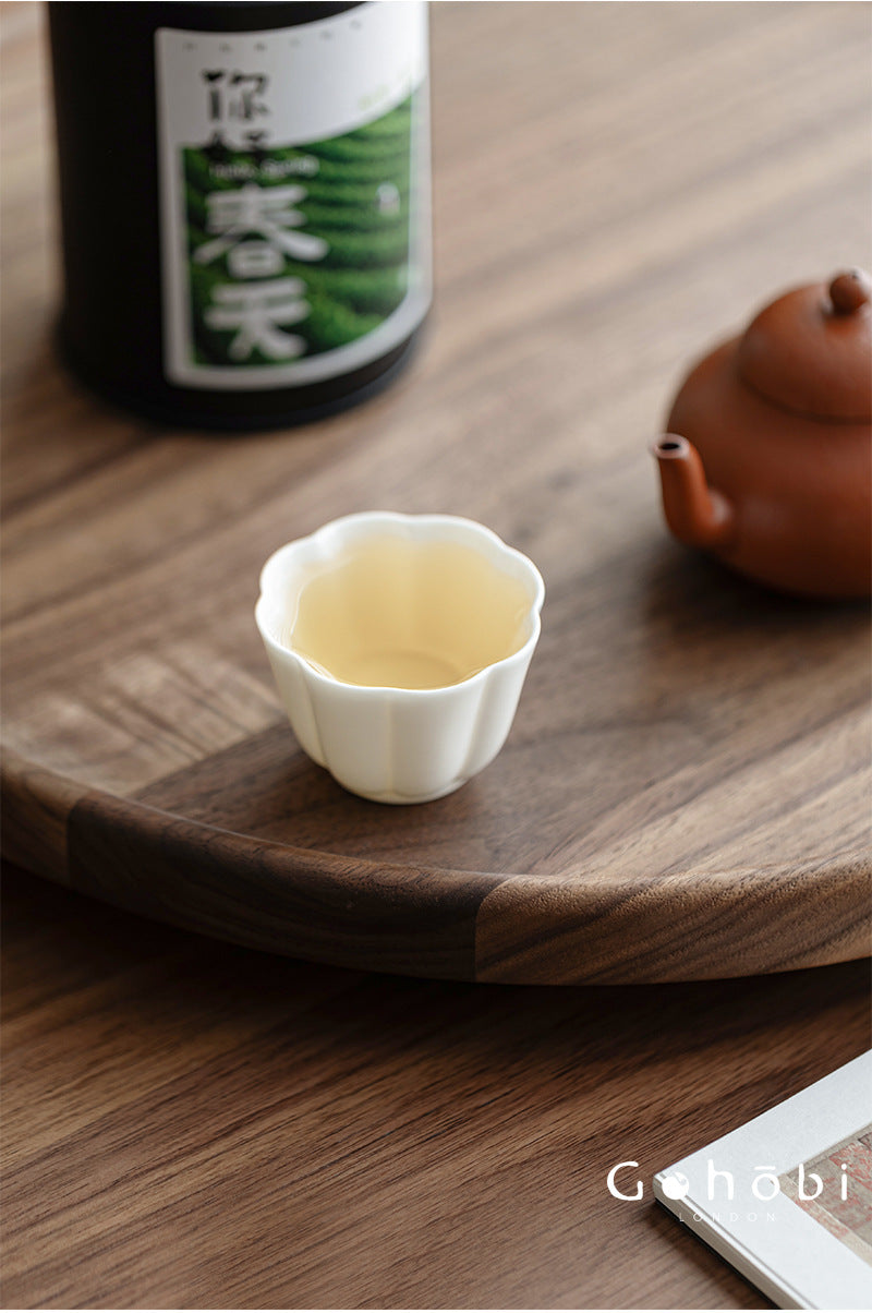 Gohobi Handmade White Porcelain Teacup – Thin Porcelain Flower Rim Gongfu Master Cup