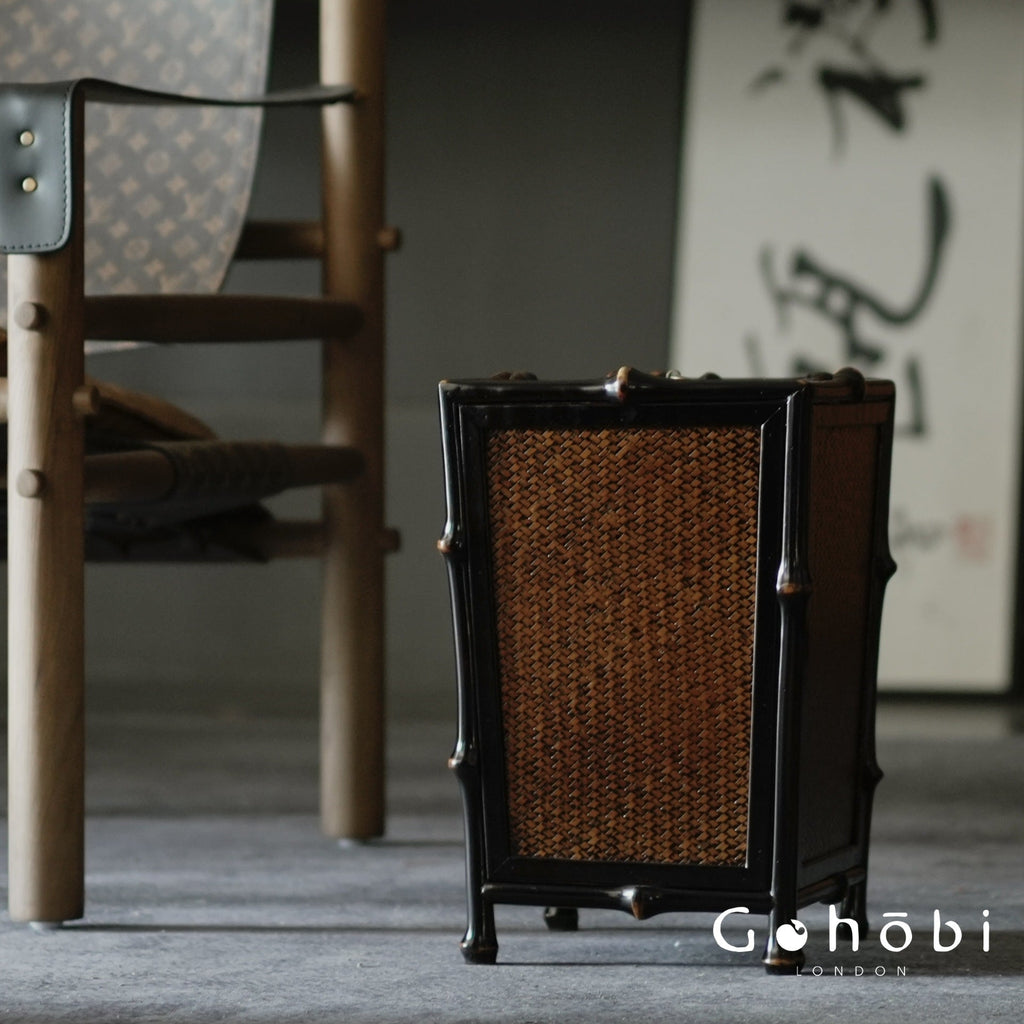 Gohobi Handmade Black Bamboo Waste Basket with Lid – Chinese Style Bamboo Trash Can for Living Room or Study